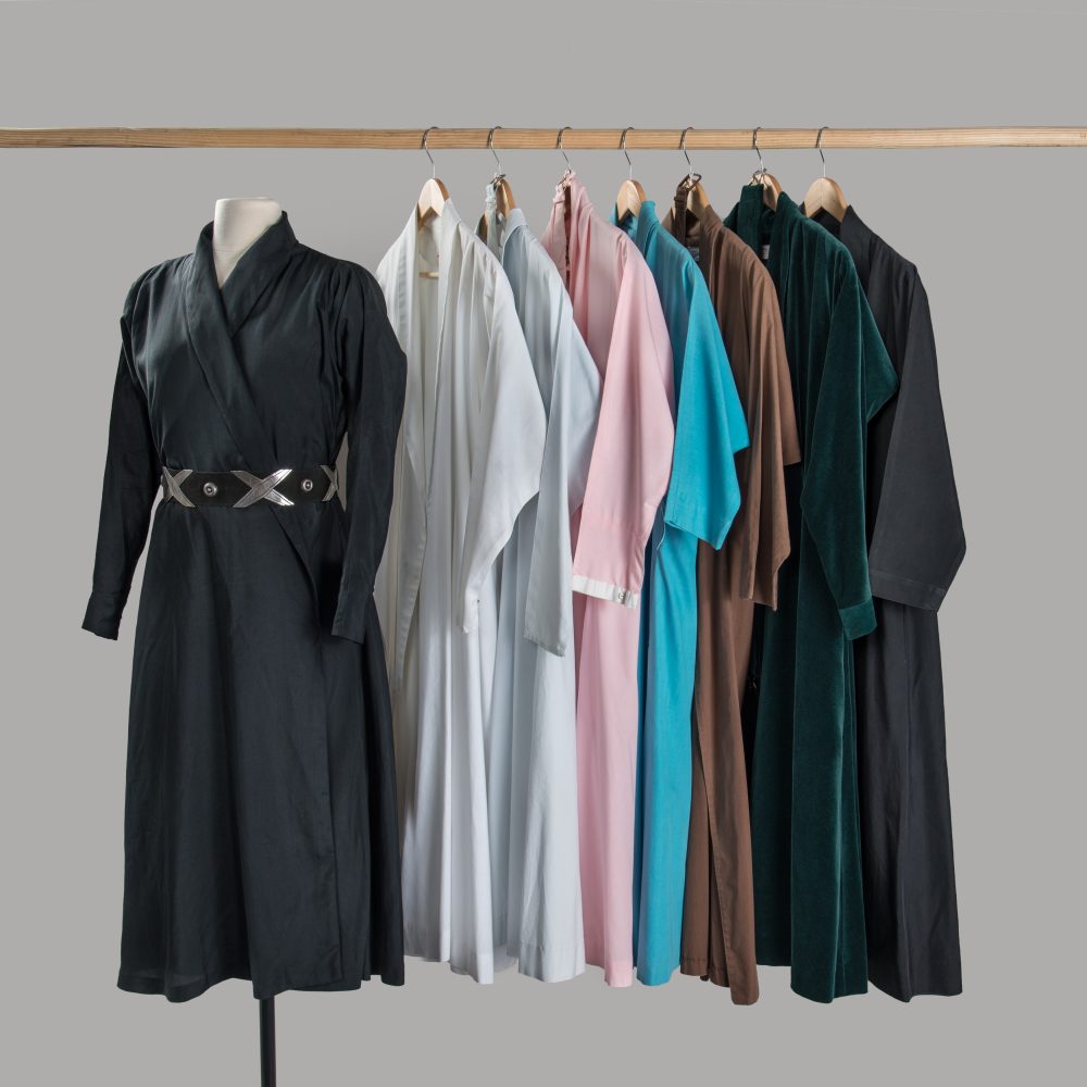 Eight wrap dresses owned by O'Keeffe. (Courtesy Gavin Ashworth/Peabody Essex Museum)