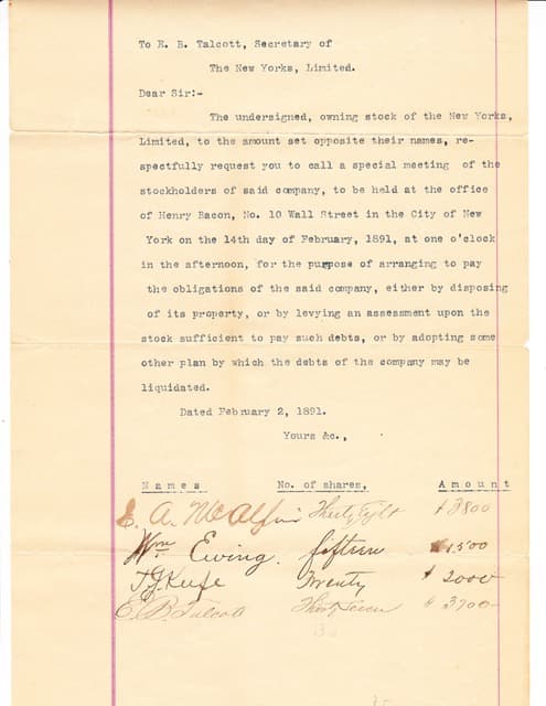The stockholders' letter signed by Buck Ewing and Tim Keefe. (Courtesy Memory Lane)