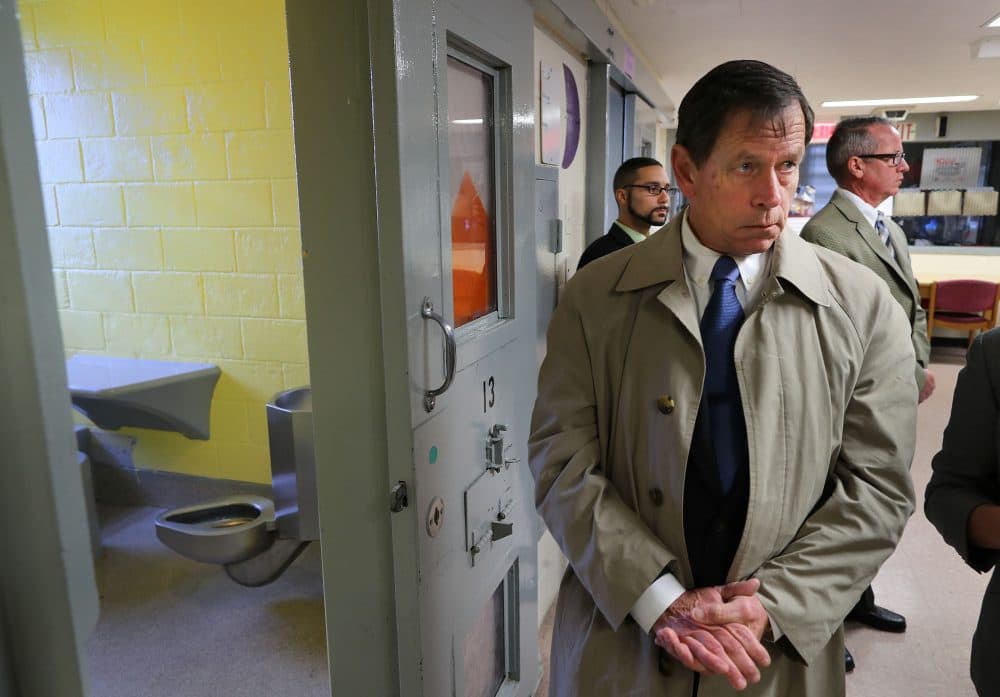 Judge Jeffrey Locke stands outside cell 13, where Messier died. (John Tlumacki/Boston Globe, via Pool)