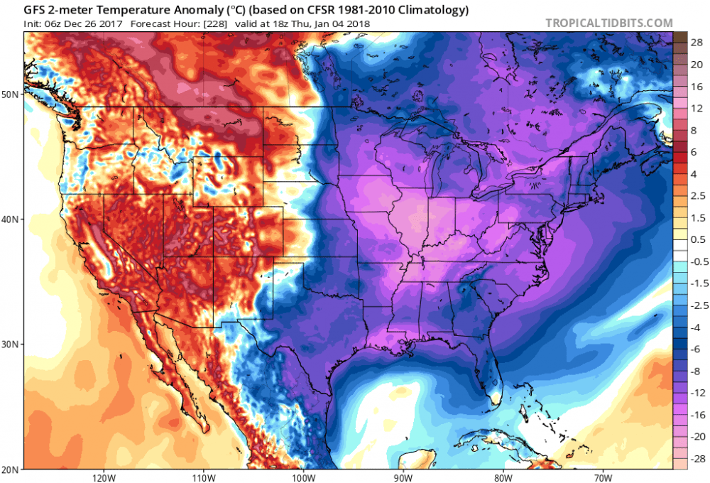 The entire eastern part of the country is forecast to be below average in terms of temperatures for the start of 2018. (Courtesy Tropical Tidbits)