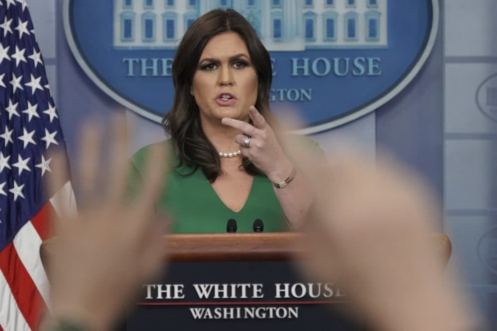 White House press secretary Sarah Huckabee Sanders gestures as she takes questions from the media on Nov. 16, 2017. (Pablo Martinez Monsivais/AP)