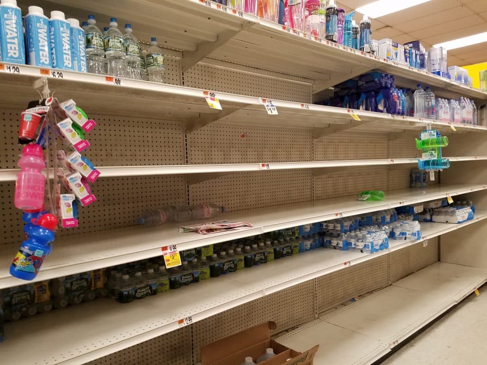On Wednesday night, Stop &amp; Shop customers in South Boston stocked up on water to prepare for Thursday's storm. (Rachel Paiste/WBUR)