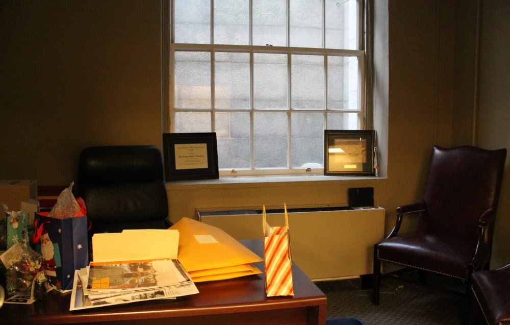 Former Senate President Stanley Rosenberg's temporary basement office gets some sunlight from a window-well near the Hooker Entrance. (Sam Doran/SHNS)