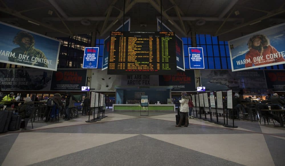 All is quiet at the South Station train station just before the snow begins to fall. (Jesse Costa/WBUR)