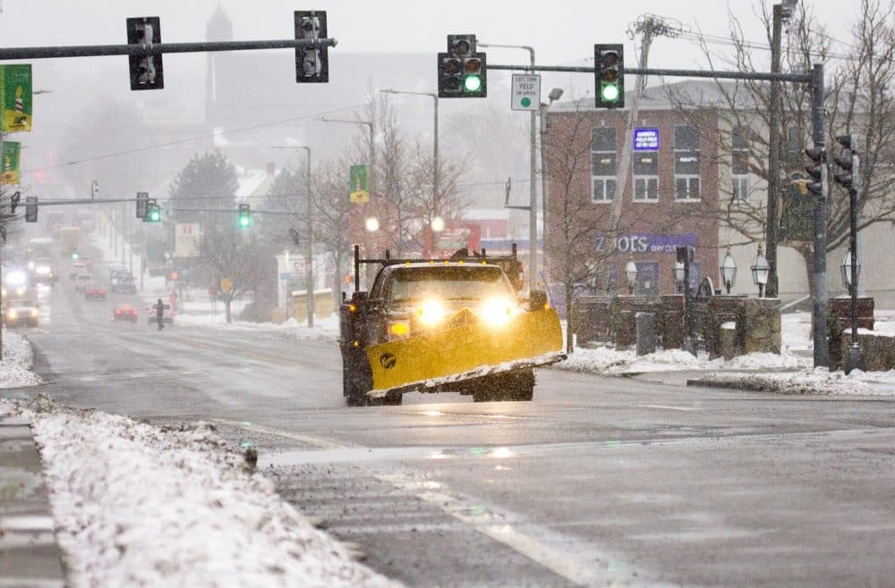 Snowplows are getting in place as the snowfall becomes heavier in Boston. (Robin Lubbock/WBUR)