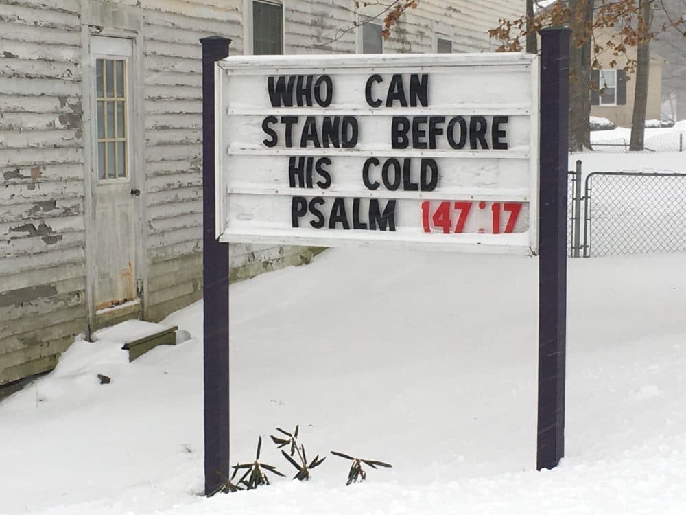 A church in Hubbardston, a town in central Massachusetts, during the storm. (David Boeri/WBUR)