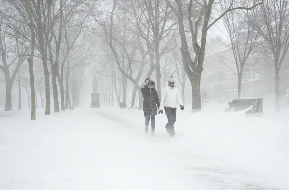 Shayla Walker and Hannah Leahey battle the wind and snow at they walk down Commonwealth Avenue in the snowstorm. (Robin Lubbock/WBUR)