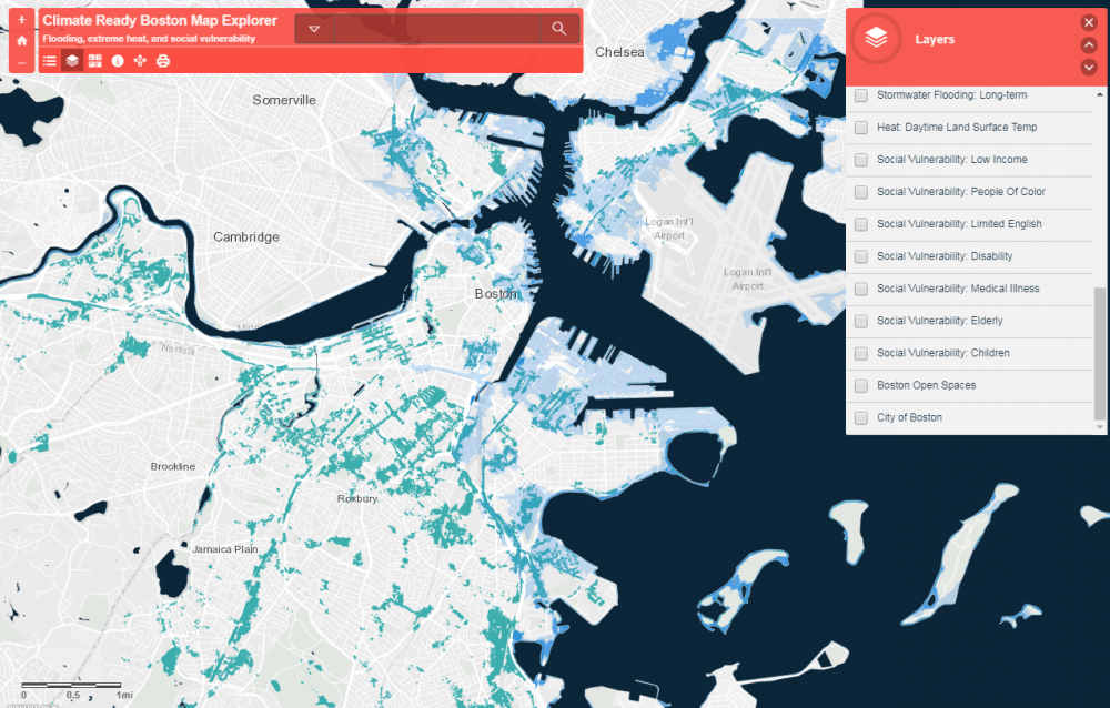 This map shows a 1 percent annual coastal flood risk at high tide in the 2050s. (Courtesy City of Boston)