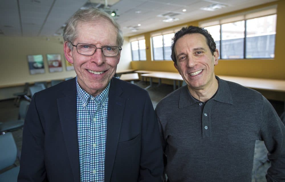 (Left) Dave deBronkart, better known as &quot;e-patient Dave,&quot; and Dr. Danny Sands, of Beth Israel Deaconess Medical Center, are co-founders of the Society for Participatory Medicine. (Jesse Costa/WBUR)