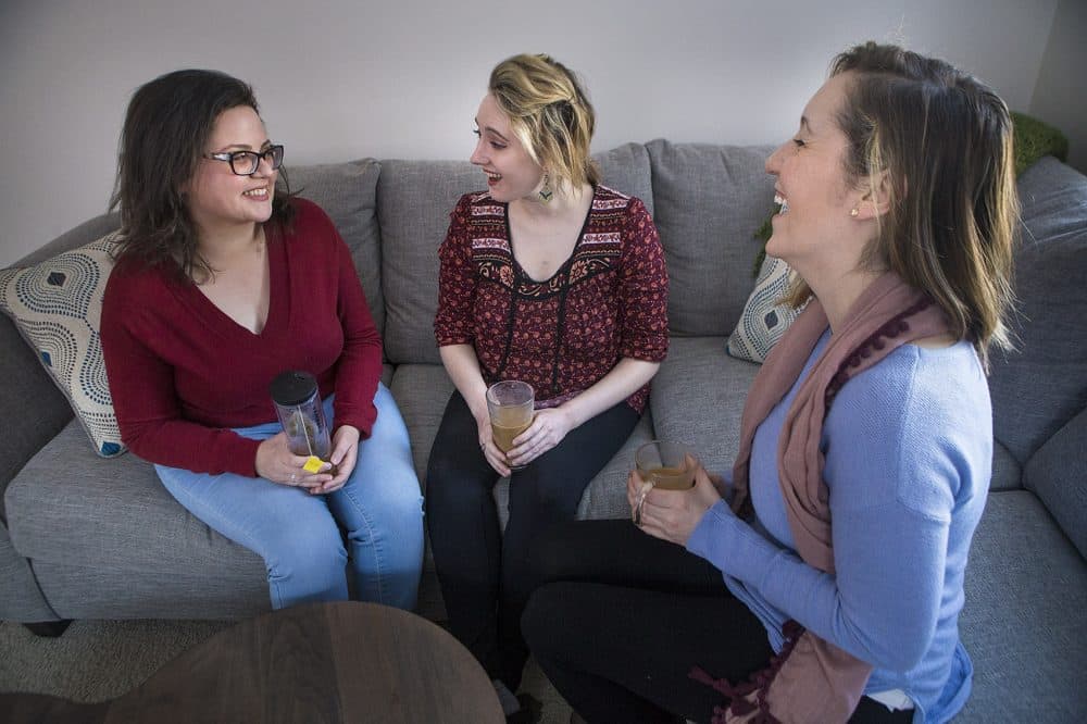 Young cancer survivors, from left to right: Cynthia Fernandez, Kelly and Christina (Jesse Costa/WBUR)