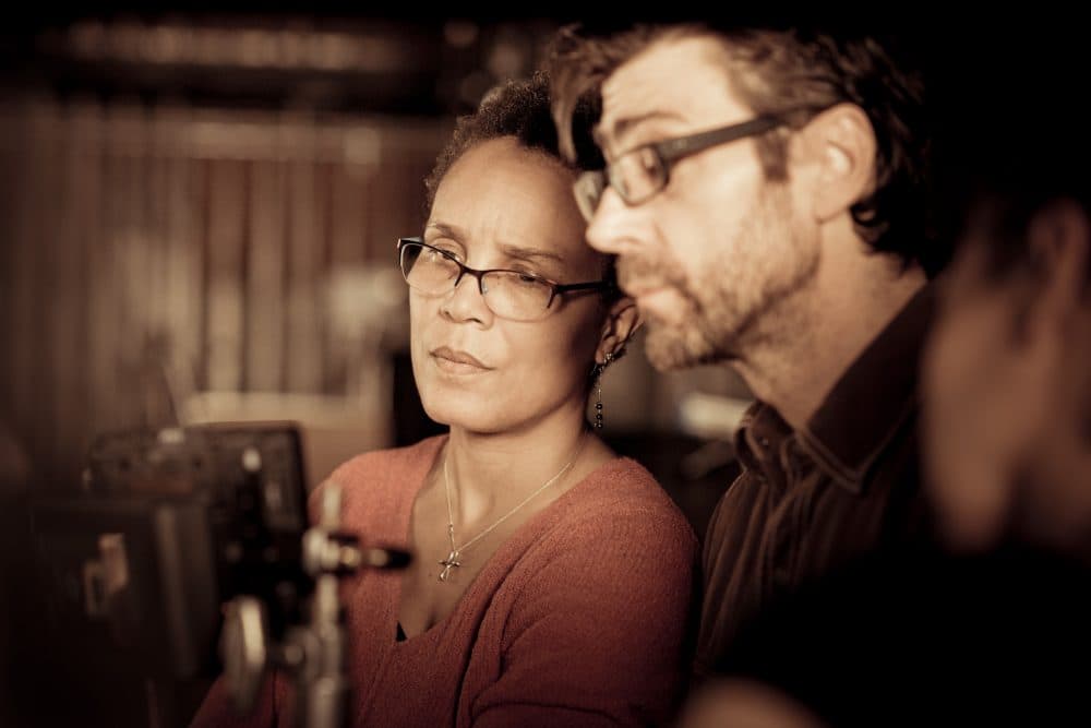 Director and producer Tracy Heather Strain and producer and editor Randall MacLowry during reenactment filming for &quot;Sighted Eyes/Feeling Heart&quot; at the Strand Theatre in Boston in January 2017. (Courtesy Eric Levin)