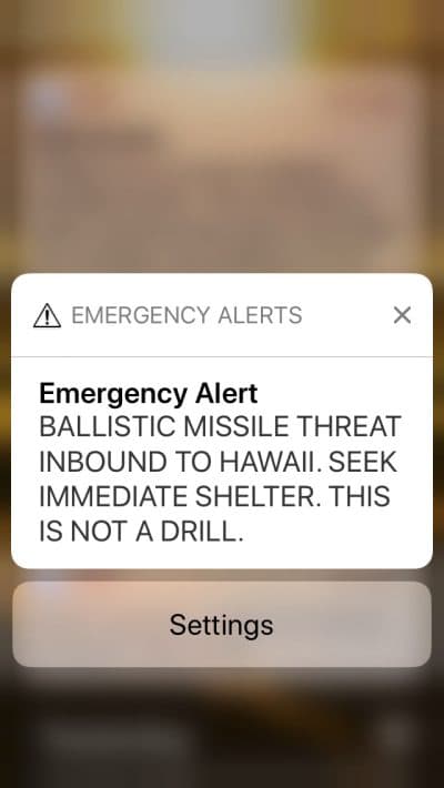 A screenshot of the false incoming ballistic missile emergency alert sent from the Hawaii Emergency Management Agency system on Saturday. (Caleb Jones/AP)