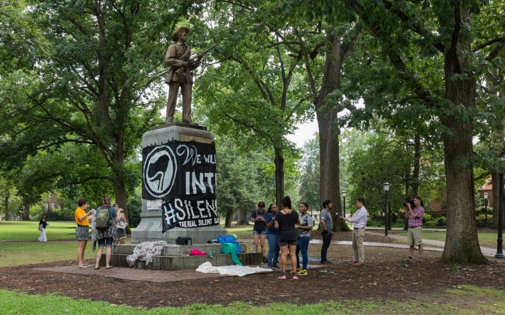 A protest against the statue of Silent Sam on the campus of the University of North Carolina at Chapel Hill in August 2017. (Martin Kraft/Creative Commons)