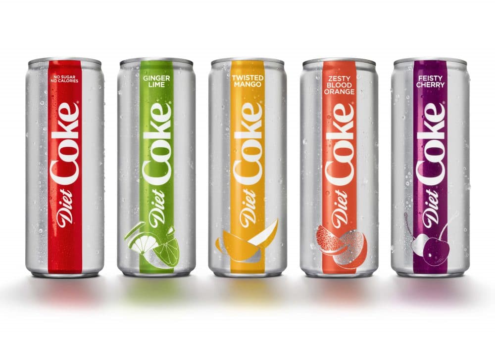 This photo provided by The Coca-Cola Co. shows examples of Diet Coke's rebranding effort. The Coca-Cola Co. says it is adding a slimmer 12-ounce Diet Coke can, refreshing the logo and offering the 35-year-old drink in four new flavors, including mango and ginger lime. The company said Diet Coke’s new look and flavors were aimed to appeal to millennials. (Courtesy of The Coca-Cola Co. via AP)