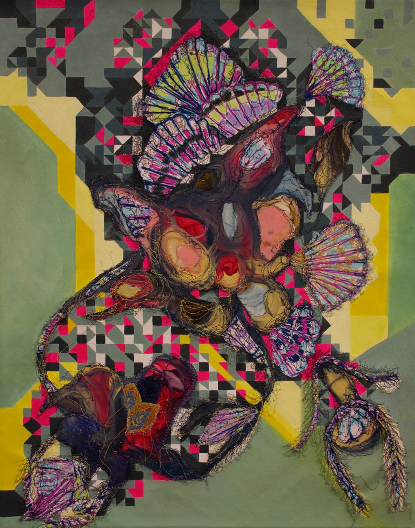 On-Kyeong Seong's piece called "Looking Out On The Garden," created in 2017 with oil and machine stitching on canvas. (Courtesy)