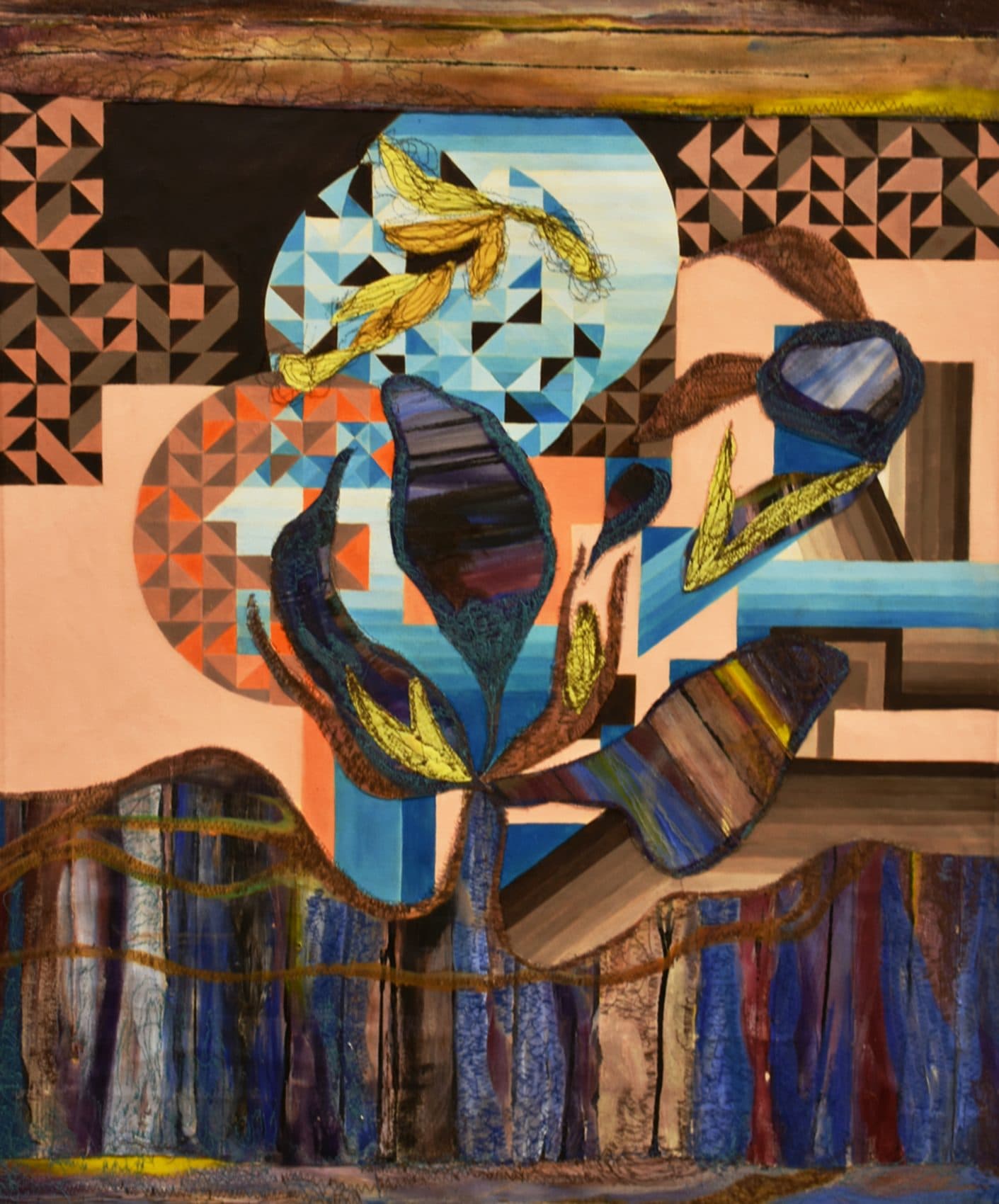 On-Kyeong Seong's piece called "That Worlds Invisible And Visible," created in 2017 with oil and machine stitching on canvas. (Courtesy)