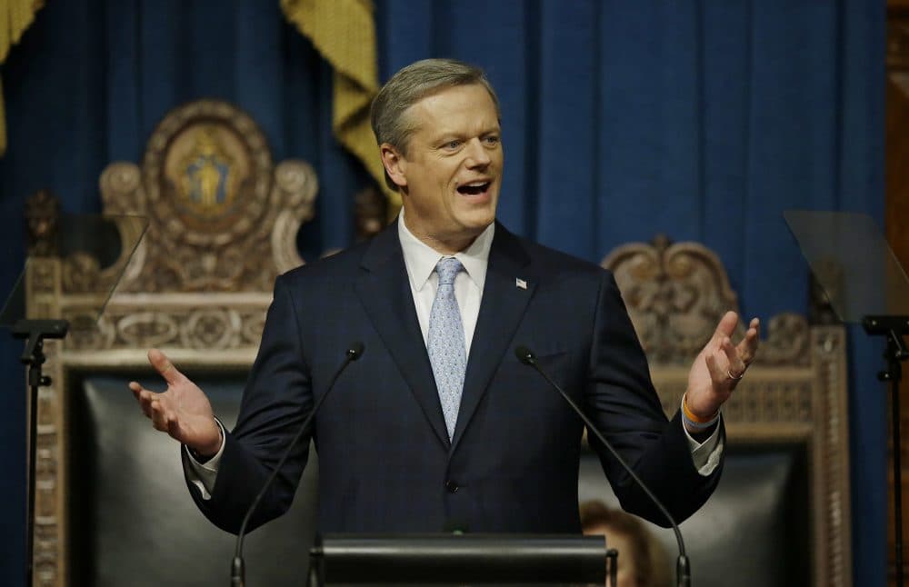 Gov. Charlie Baker State of the State address in the Massachusetts House Chamber on Tuesday. (Stephan Savoia/AP)