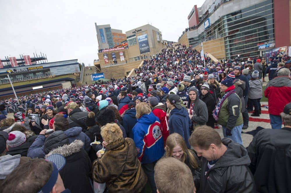Fans cram into the area outside of Gillette Stadium to send off the Patriots to the Super Bowl. (Jesse Costa/WBUR)