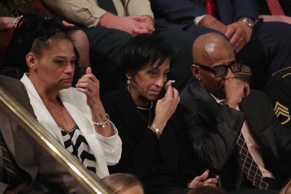 Elizabeth Alvarado, Evelyn Rodriguez and Freddy Cuevas, parents of children who were murdered by MS-13, watch as President Trump delivers the State of the Union address in the chamber of the U.S. House of Representatives, Jan. 30, 2018 in Washington. (Alex Wong/Getty Images)