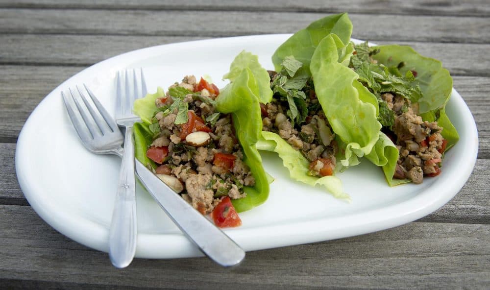 Chef Kathy Gunst's ground pork wrapped in lettuce leaves. (Robin Lubbock/WBUR)