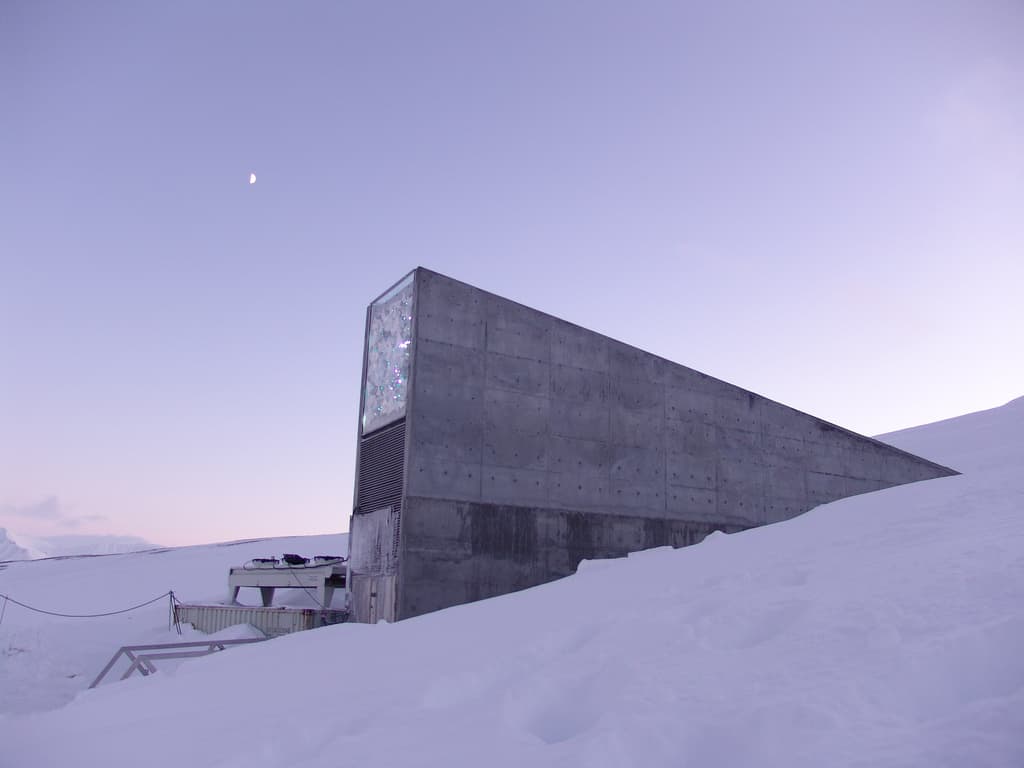 Seed vault entrance as seen at dusk. (Mari Tefre/Global Crop Diversity Trust)
