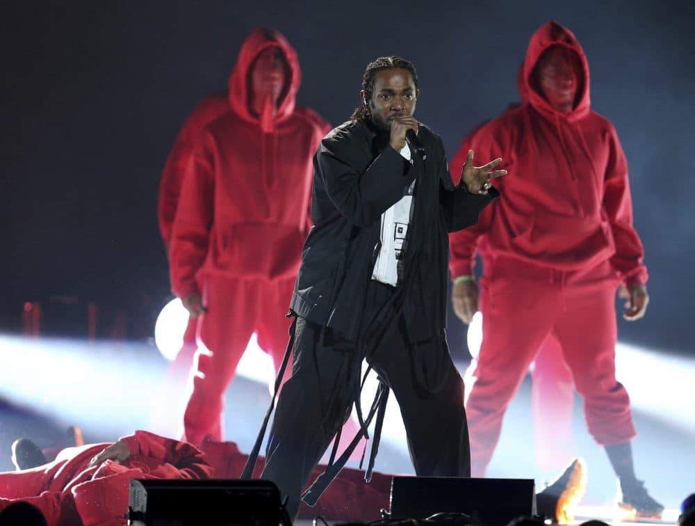 Kendrick Lamar, center, performs at the 60th annual Grammy Awards at Madison Square Garden on Sunday, Jan. 28, 2018, in New York. (Matt Sayles/Invision/AP)