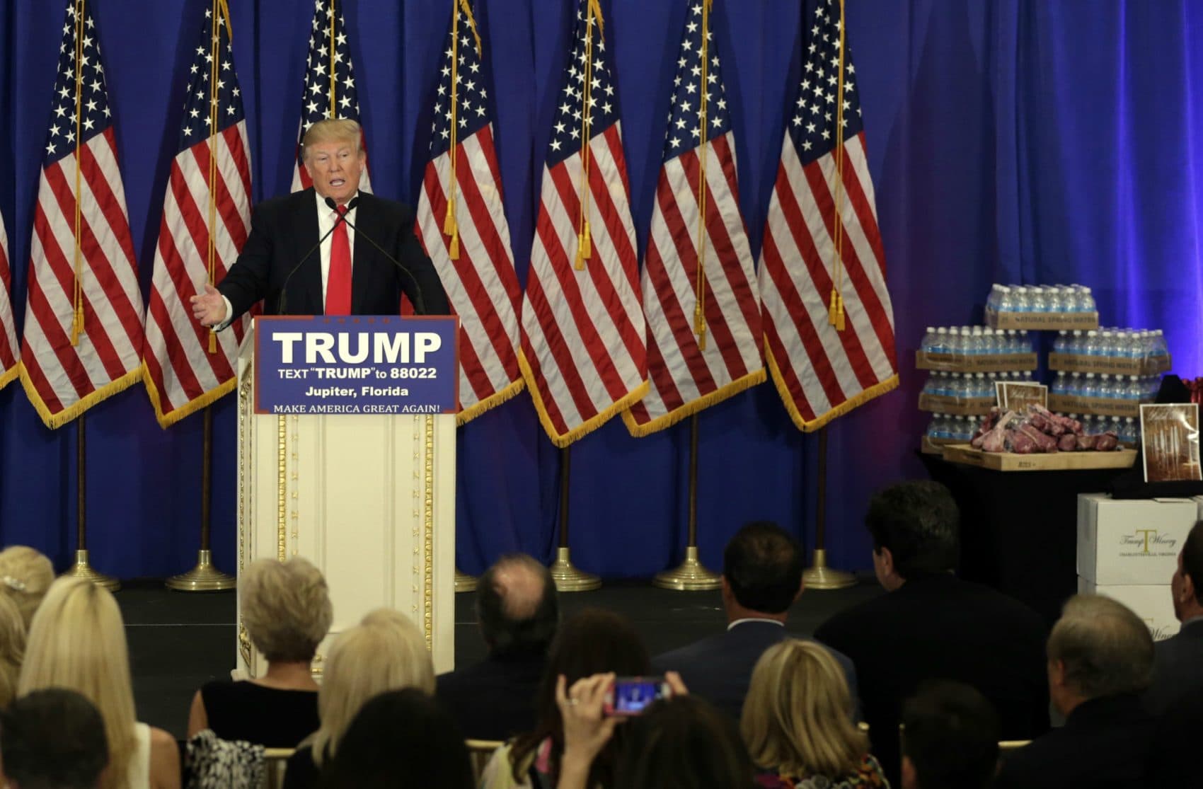 Donald Trump speaks during a news conference at the Trump National Golf Club, Tuesday, March 8, 2016, in Jupiter, Fla. On display on the right is Trump branded water and steak. (Lynne Sladky/AP