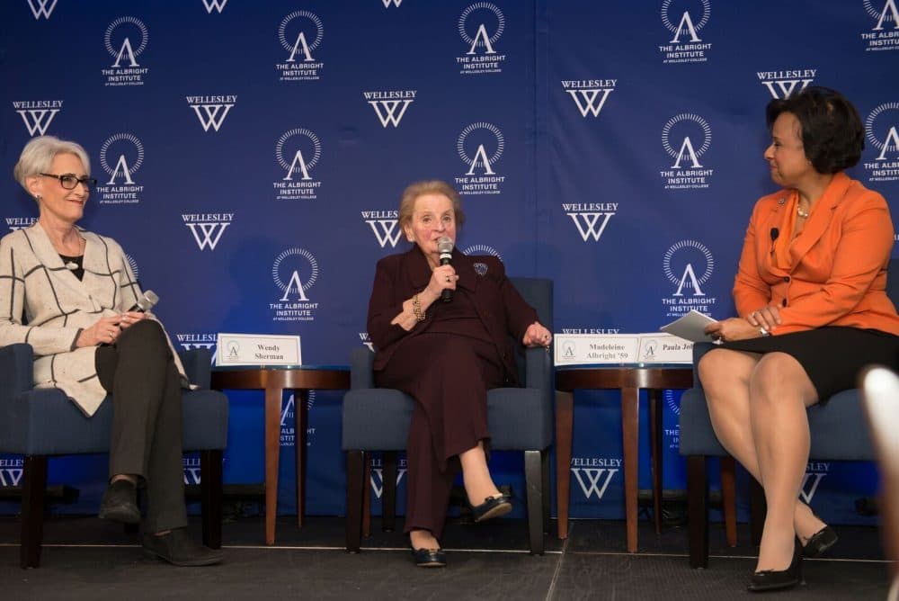 Former U.S. Sec. of State, Madeleine Albright, and former U.S. Under Secretary of State for Political Affairs, Wendy Sherman, speaking with Wellesley President Paula Johnson at Wellesley College. (Courtesy Wellesley College)