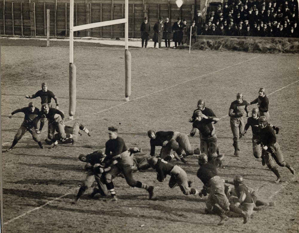 Fritz Pollard takes it into the end zone during the Brown/Harvard football game of 1916. (John Hay Library, Brown University) 