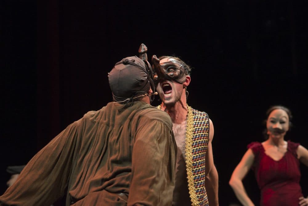 Actor Jesse Garlick performs with LAB while donning a mask. (Courtesy Liars & Believers)