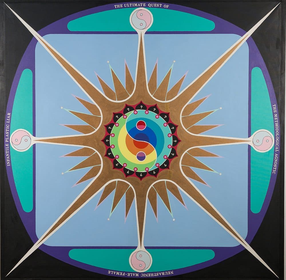 Paul Laffoley's &quot;The Ultimate Quest,&quot; created in 1968 with oil, acrylic and hand applied vinyl lettering on canvas. (Courtesy Estate of Paul Laffoley/deCordova)