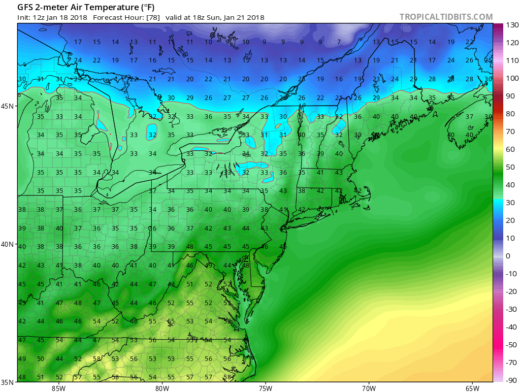 Temperatures will reach the 40s Sunday with sun and clouds. (Courtesy Tropical Tidbits)