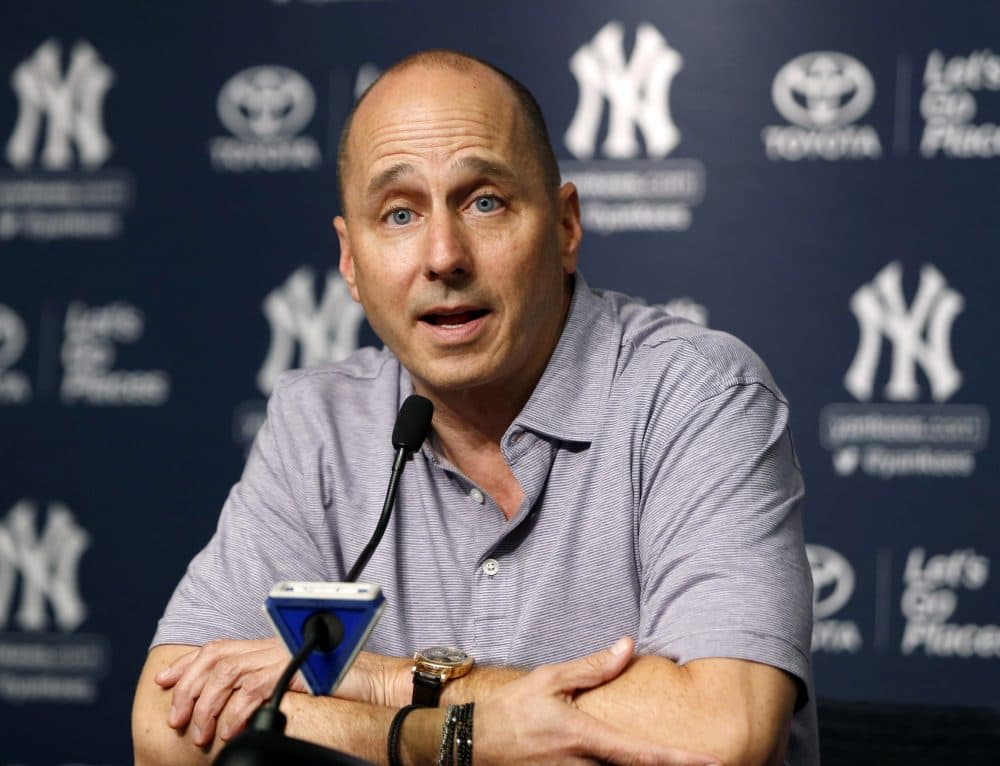 New York Yankees general manager Brian Cashman speaks during a news conference in which he addressed the team's trades and acquisitions in New York, Monday, July 31, 2017. (AP Photo/Kathy Willens)