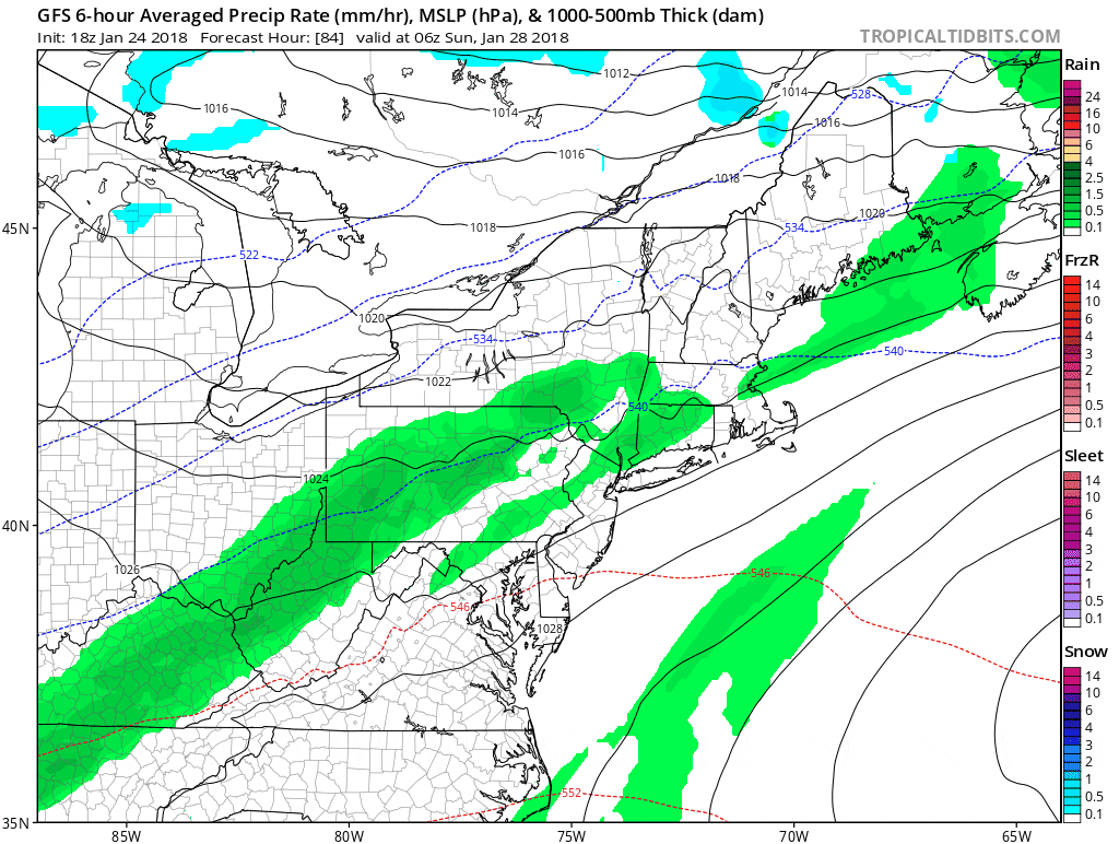 A few showers Sunday are followed by a possible rain or snow event Monday. (Courtesy Tropical Tidbits)