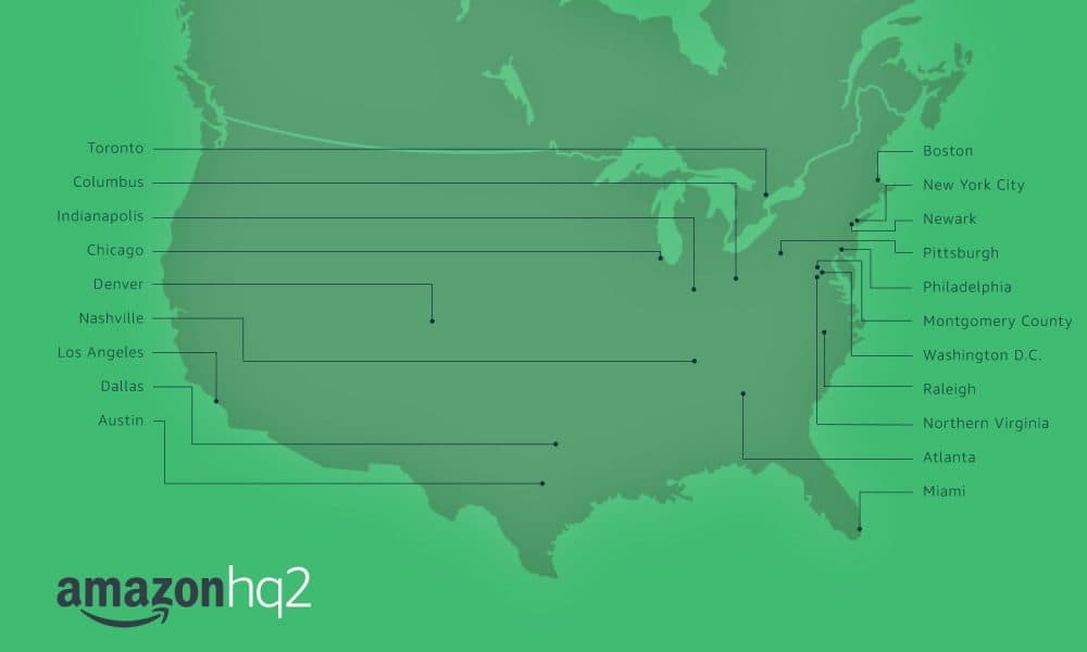 A map of the 20 final candidates for the second headquarters (Courtesy Amazon)