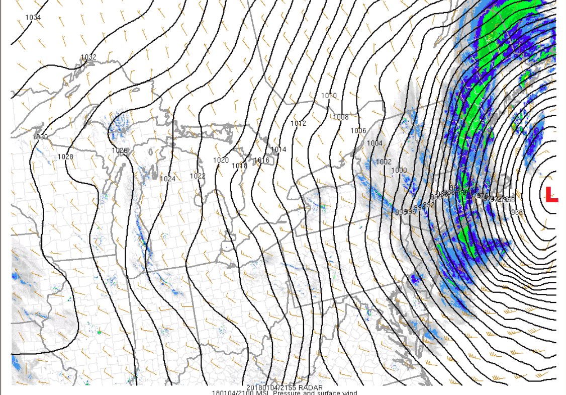 The tightly packed isobars, black lines, indicate strong winds around this storm. (Courtesy NOAA)