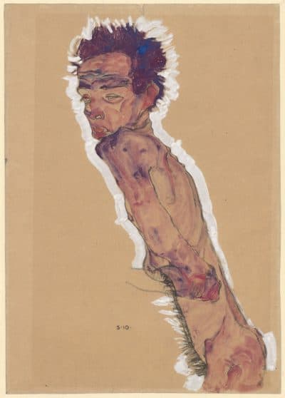 Egon Schiele's &quot;Nude Self‑Portrait,&quot; created in 1910 with black chalk, watercolor, gouache and white heightening on brown wrapping paper. (Courtesy of Museum of Fine Arts, Boston)