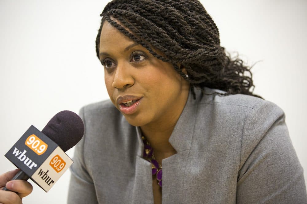 Ayanna Pressley speaks at her campaign office in Boston. (Jesse Costa/WBUR)