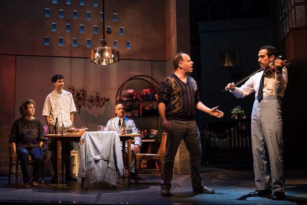 Left to right: Kristen Sieh, John Cariani, Alok Tewari, Andrew Polk and George Abud in &quot;The Band's Visit.&quot; (Courtesy Matthew Murphy)
