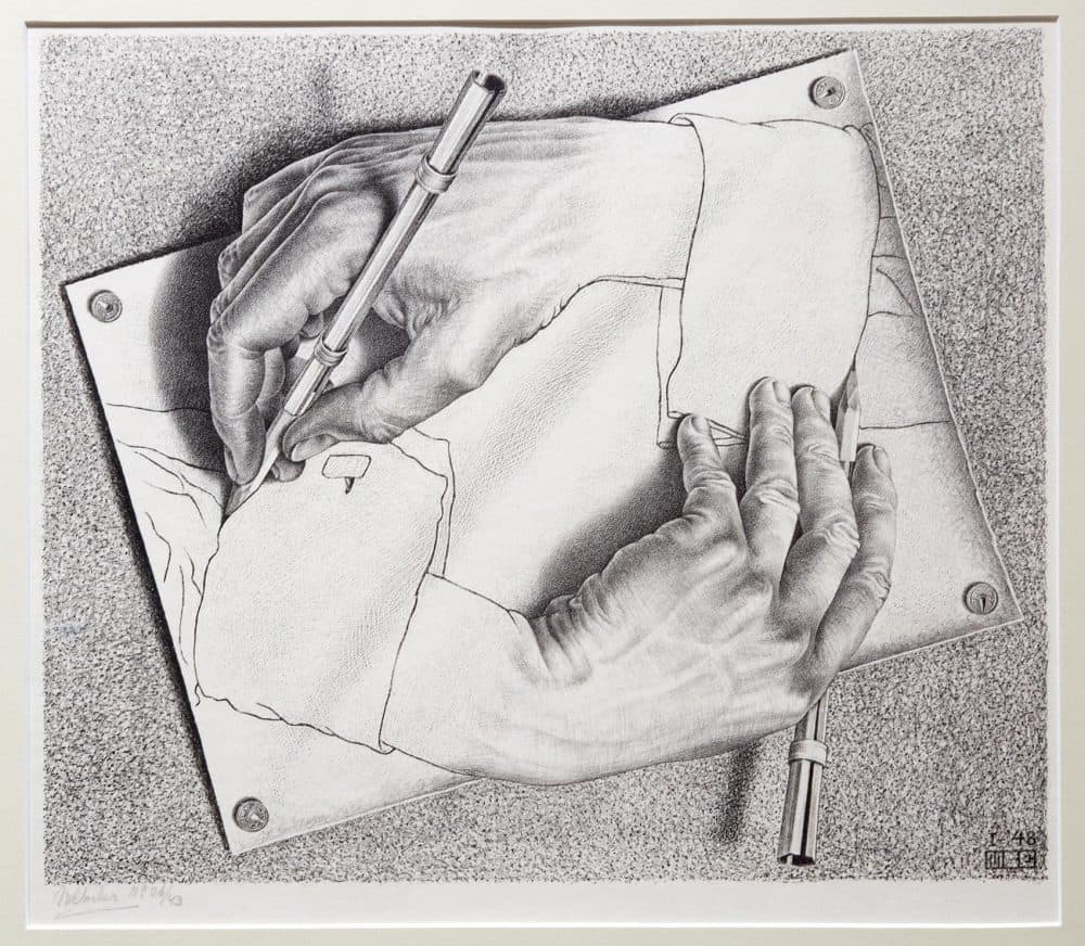 Maurits Cornelis Escher, &quot;Drawing Hands,&quot; 1948. (Robin Lubbock/WBUR)