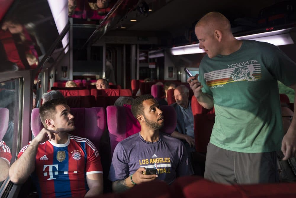 Alek Skarlatos (left), Anthony Sadler (middle) and Spencer Stone in a still from &quot;The 15:17 to Paris.&quot; (Keith Bernstein/Warner Bros. Entertainment)