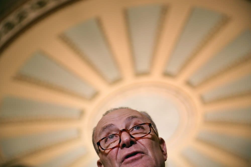 Senate Minority Leader Chuck Schumer (D-N.Y.) talks with reporters during a news conference at the U.S. Capitol on Feb. 6, 2018 in Washington, D.C. Senate Republicans and Democrats announced they have made progress on reaching an agreement to fund the federal government. (Chip Somodevilla/Getty Images)