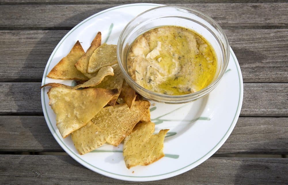 Chef Kathy Gunst's white bean dip with cumin-toasted pita chips. (Robin Lubbock/WBUR)
