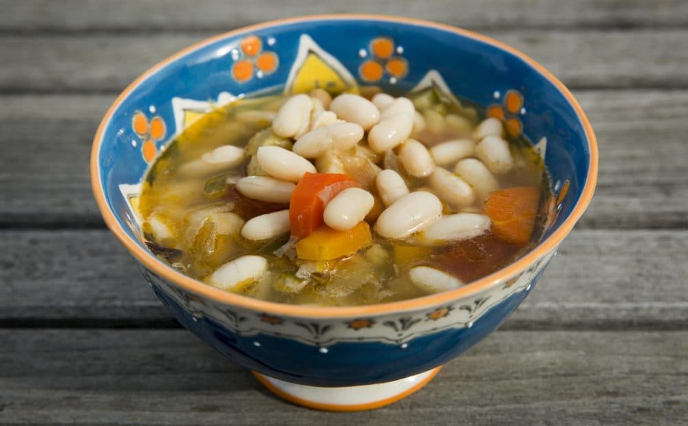Chef Kathy Gunst's roasted winter vegetable and bean soup. (Robin Lubbock/WBUR)