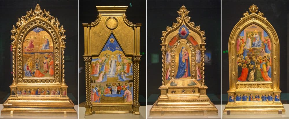 Fra Angelico's reliquaries. From the left, &quot;Annunciation and Adoration of the Magi,&quot; &quot;Death and Assumption of the Virgin,&quot; &quot;Madonna delle Stelle&quot; and &quot;Coronation of the Virgin.&quot; (Jesse Costa/WBUR)