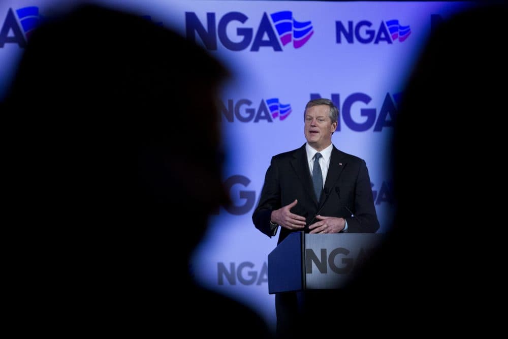 Gov. Charlie Baker speaks during a panel on the opioid crisis, at the National Governor Association 2018 winter meeting, on Saturday in Washington. (Jose Luis Magana/AP)