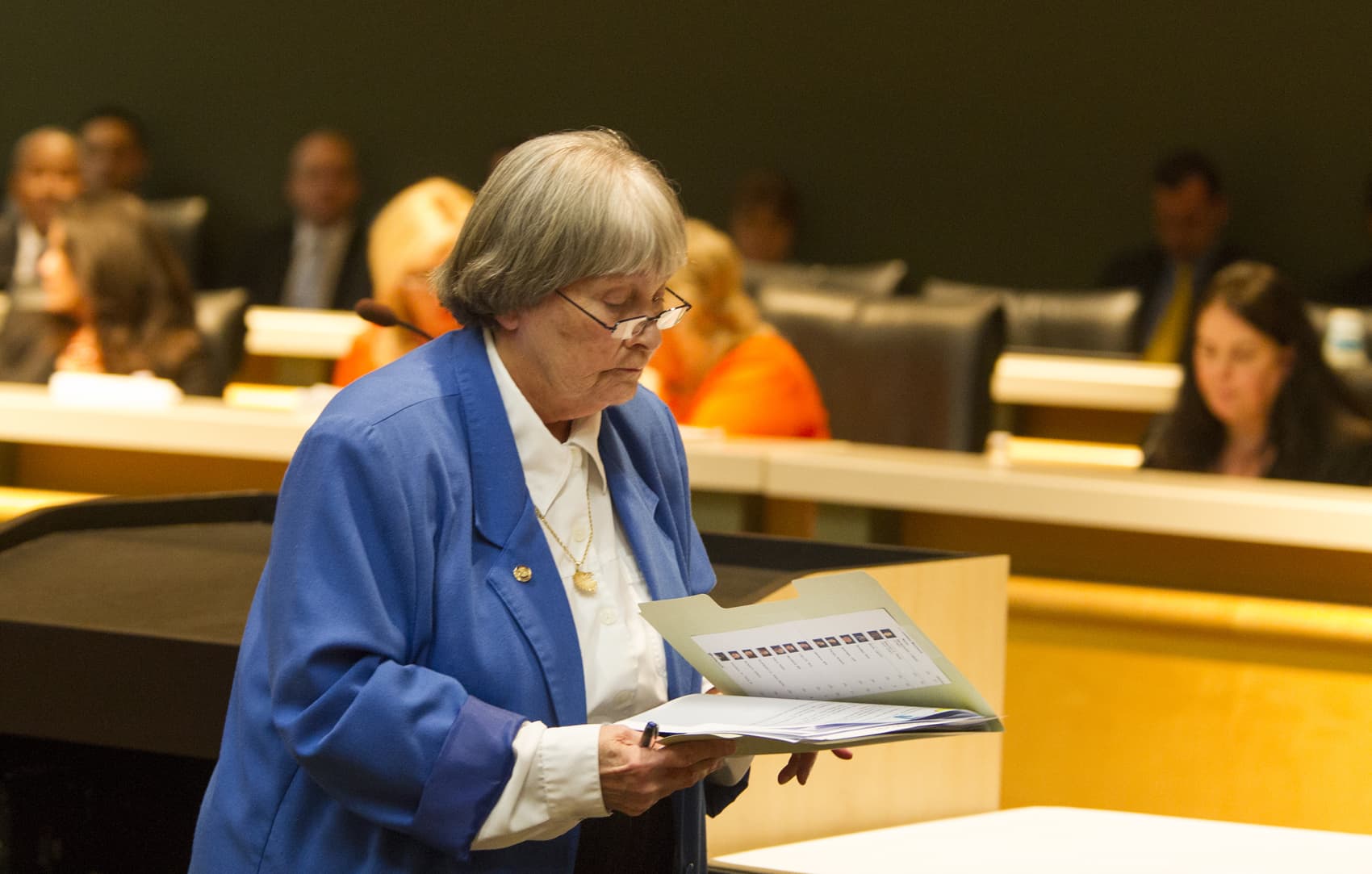 Gun lobbyist Marion Hammer returns to her seat after speaking in the Senate Rules Committee meeting on gun safety in the Knott Building at the Florida state Capitol in Tallahassee, Fla., Feb 26, 2018. (Mark Wallheiser/AP)