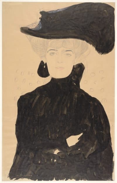 Gustav Klimt's &quot;Lady with Plumed Hat,&quot; created in 1908 with brush, pen, ink, graphite, red colored pencil, white gouache on Japan paper. (Courtesy of Museum of Fine Arts, Boston)