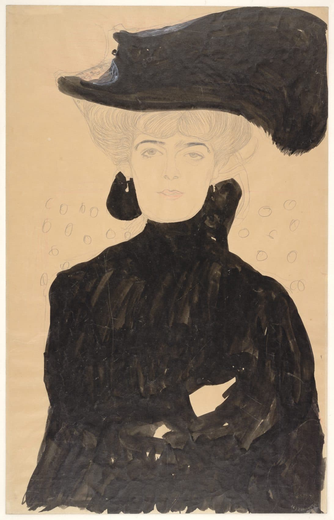 Gustav Klimt's "Lady with Plumed Hat," created in 1908 with brush, pen, ink, graphite, red colored pencil, white gouache on Japan paper. (Courtesy of Museum of Fine Arts, Boston)