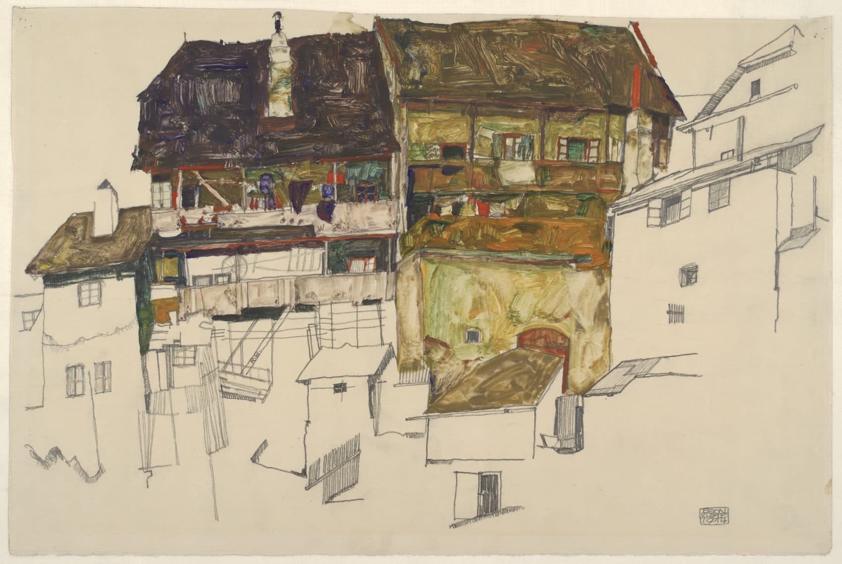 Egon Schiele's "Old Houses in Český Krumlov," created in 1914 with pencil and gouache on Japan paper. (Courtesy of Museum of Fine Arts, Boston)